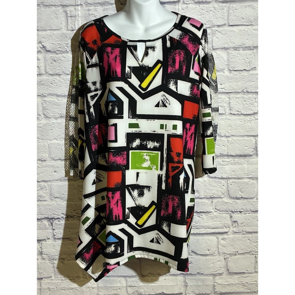 Lior Paris Multicolor Geometric Print Mesh Sleeve Asymmetric Top Size M